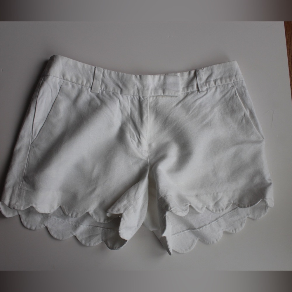J.Crew Women's 4" Scalloped Shorts White Size 0 Pockets Cotton/Linen Style E9685